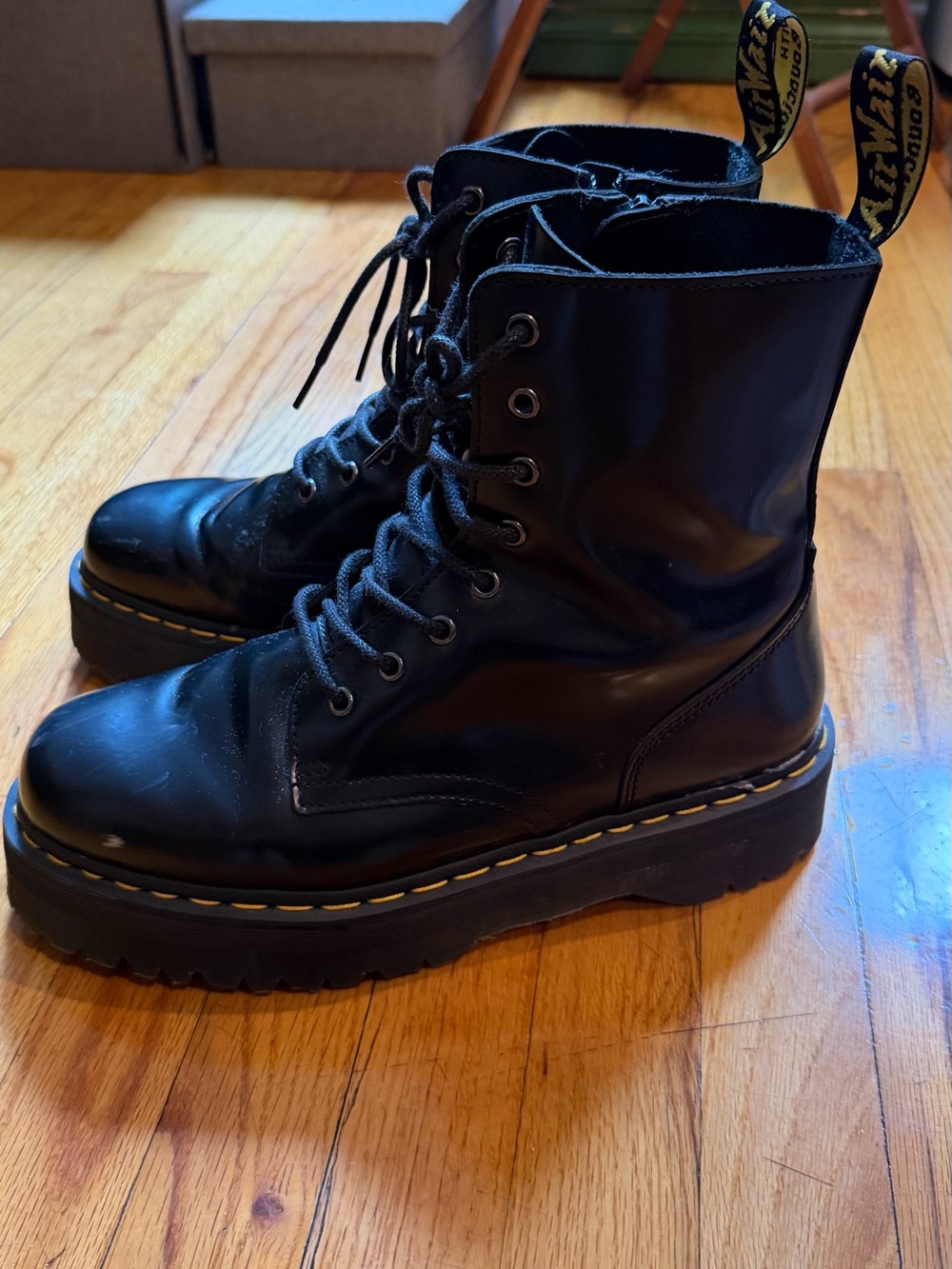 Dr. Martens Black Lace-Up Platform Combat Boots with Yellow Stitching